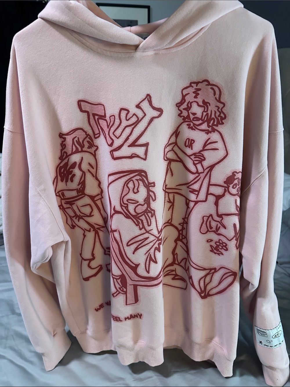 AELFRIC EDEN Light Pink Graphic Hoodie with Red Line Art SIZE XL